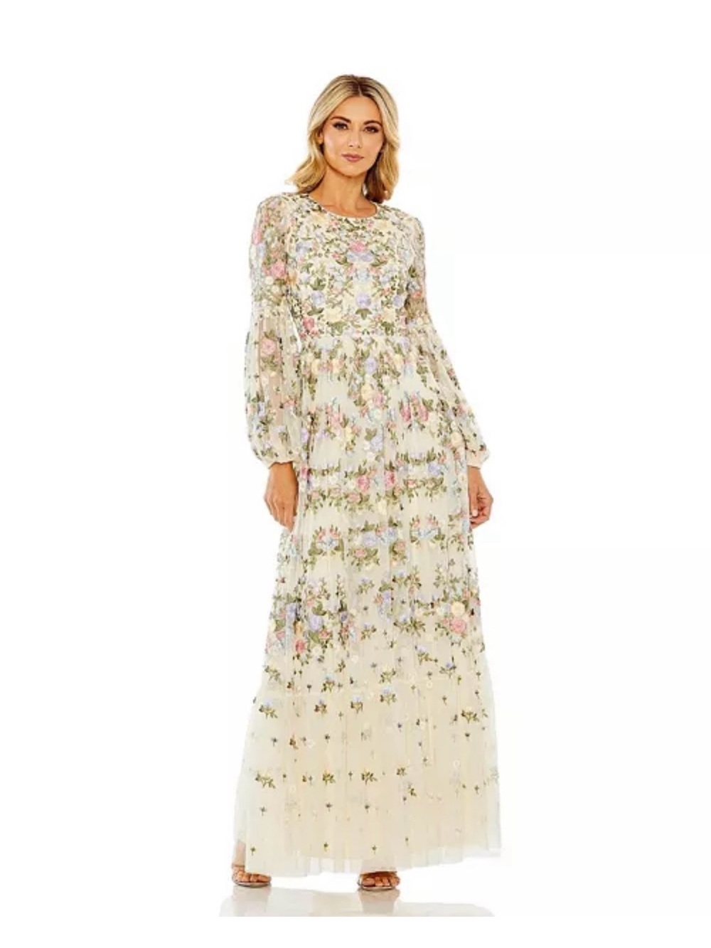 Mac Duggal Cream Floral Embroidered Long Sleeve Dress Size 20